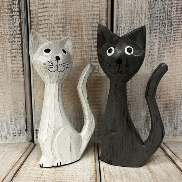 Dřevěná kočka malá bílá/šedá