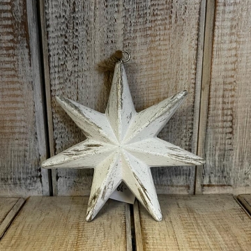 Hvězda dřevěná bílá patina 3D závěs- malá