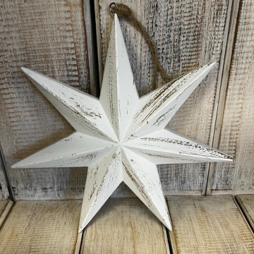 Hvězda dřevěná bílá patina 3D závěs-velká